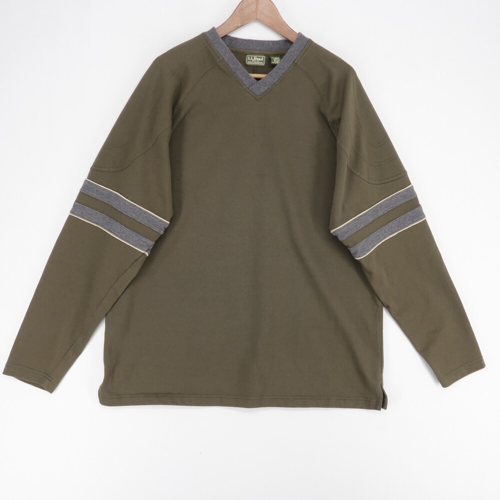 LL Bean Pullover Shirt Mens L Green Striped V Neck Long Sleeve Cotton Contrast